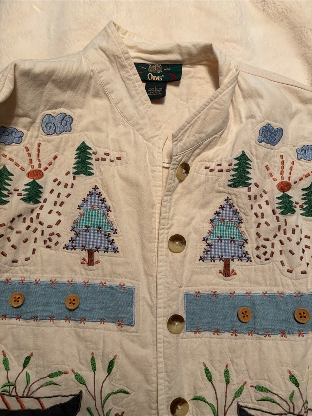 Orvis Cream Jacket with Blue Plaid Tree Appliqués and Green Embroidery